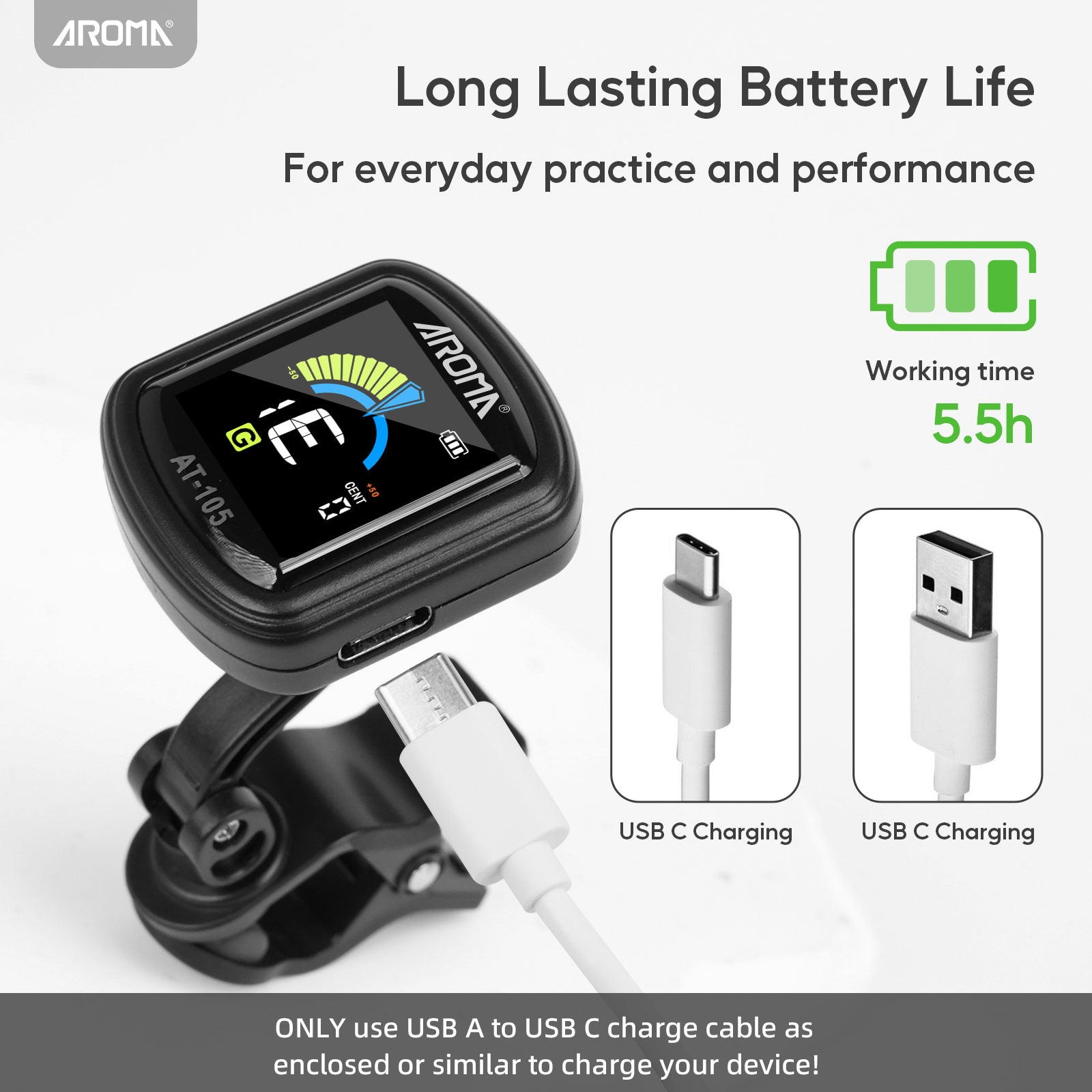 Aroma Guitar Tuner Clip On Rechargeable for Chromatic Guitar Bass Ukulele Violin Fast Accurate Tuning 360° Rotating Silicone Clamp