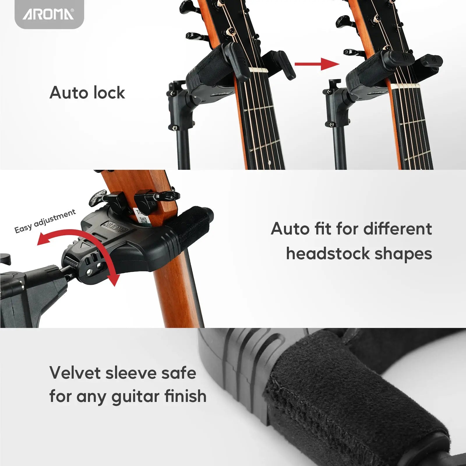 Aroma Universal Portable Guitar Stand with Auto-Lock Neck Holder Floor Guitar Holder One-button Adjustable Height In Soild Tripod AROMA