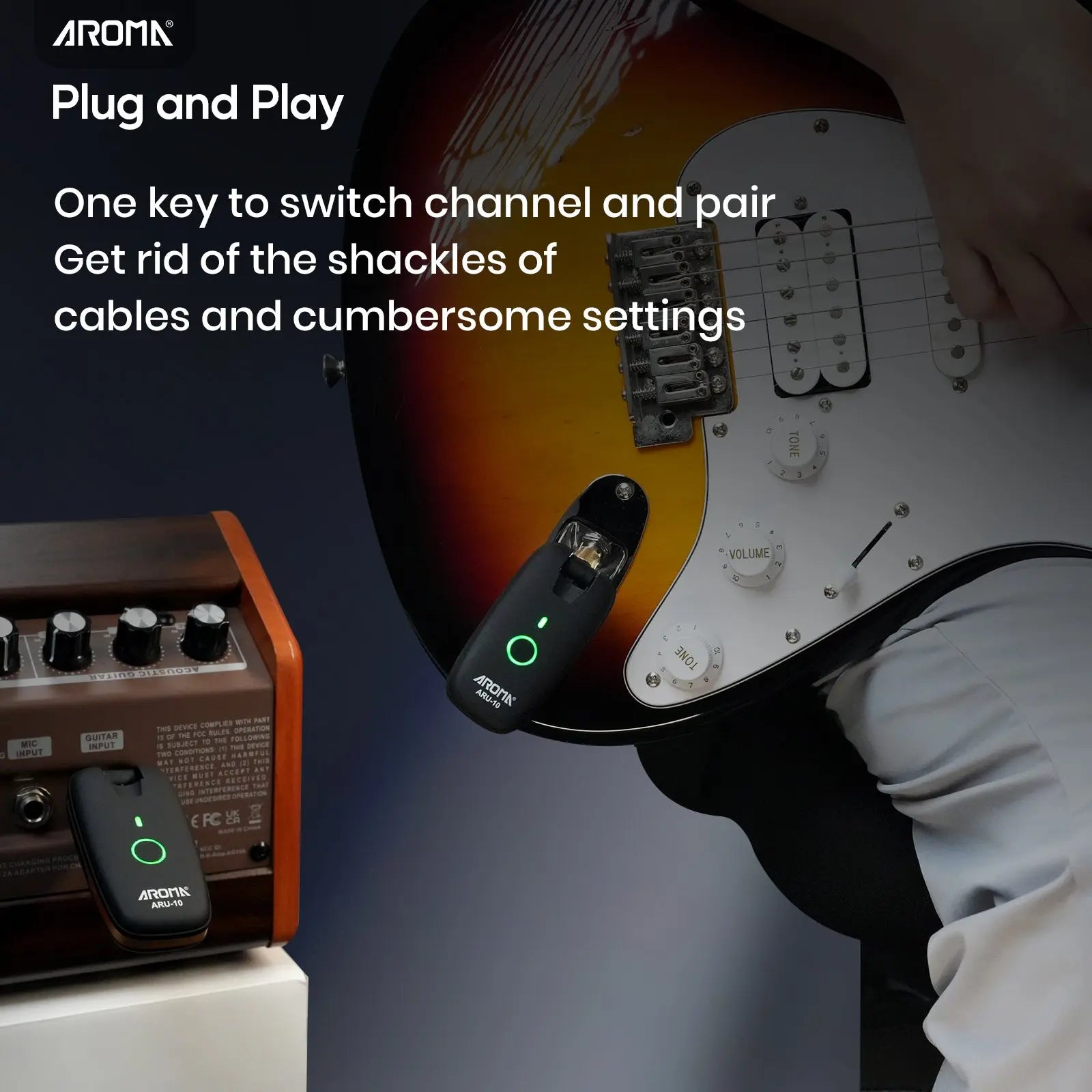 Aroma UHF Wireless Guitar System Rechargeable Audio Wireless Guitar Transmitter Receiver Support 7 Channels for Guitar Bass Electric Musical Instruments AROMA