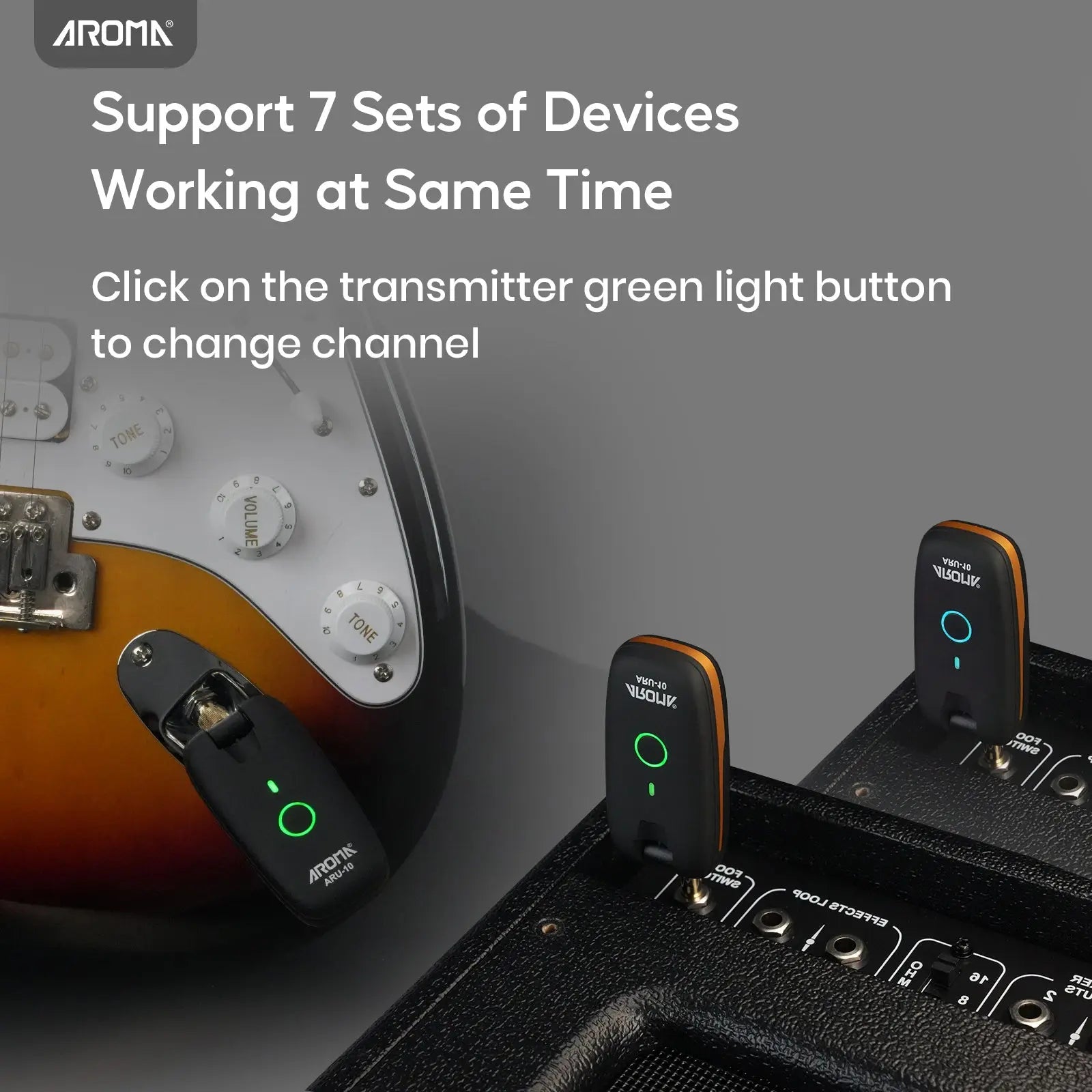 Aroma UHF Wireless Guitar System Rechargeable Audio Wireless Guitar Transmitter Receiver Support 7 Channels for Guitar Bass Electric Musical Instruments AROMA