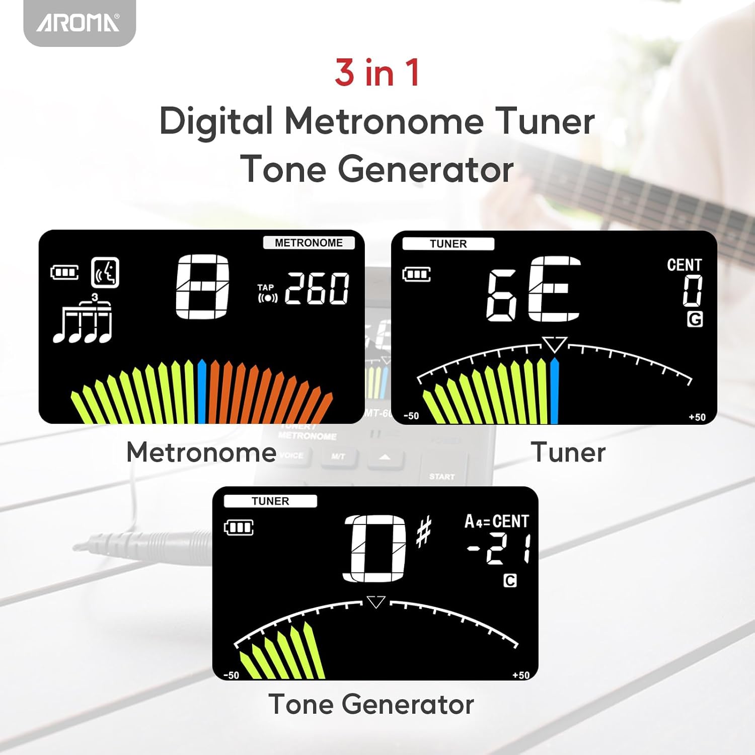 Aroma 3 In 1 Digital Metronome Tuner Rechargeable for All Instruments with Guitar Bass Violin Ukulele Chromatic and Wind Instruments Tuning Modes AROMA