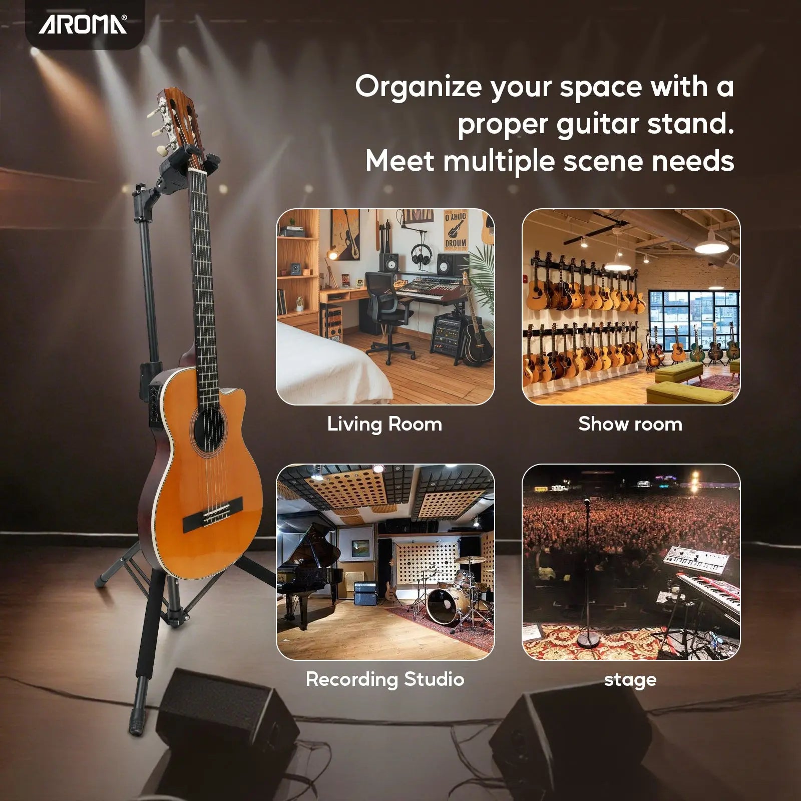 Aroma Universal Portable Guitar Stand with Auto-Lock Neck Holder Floor Guitar Holder One-button Adjustable Height In Soild Tripod AROMA