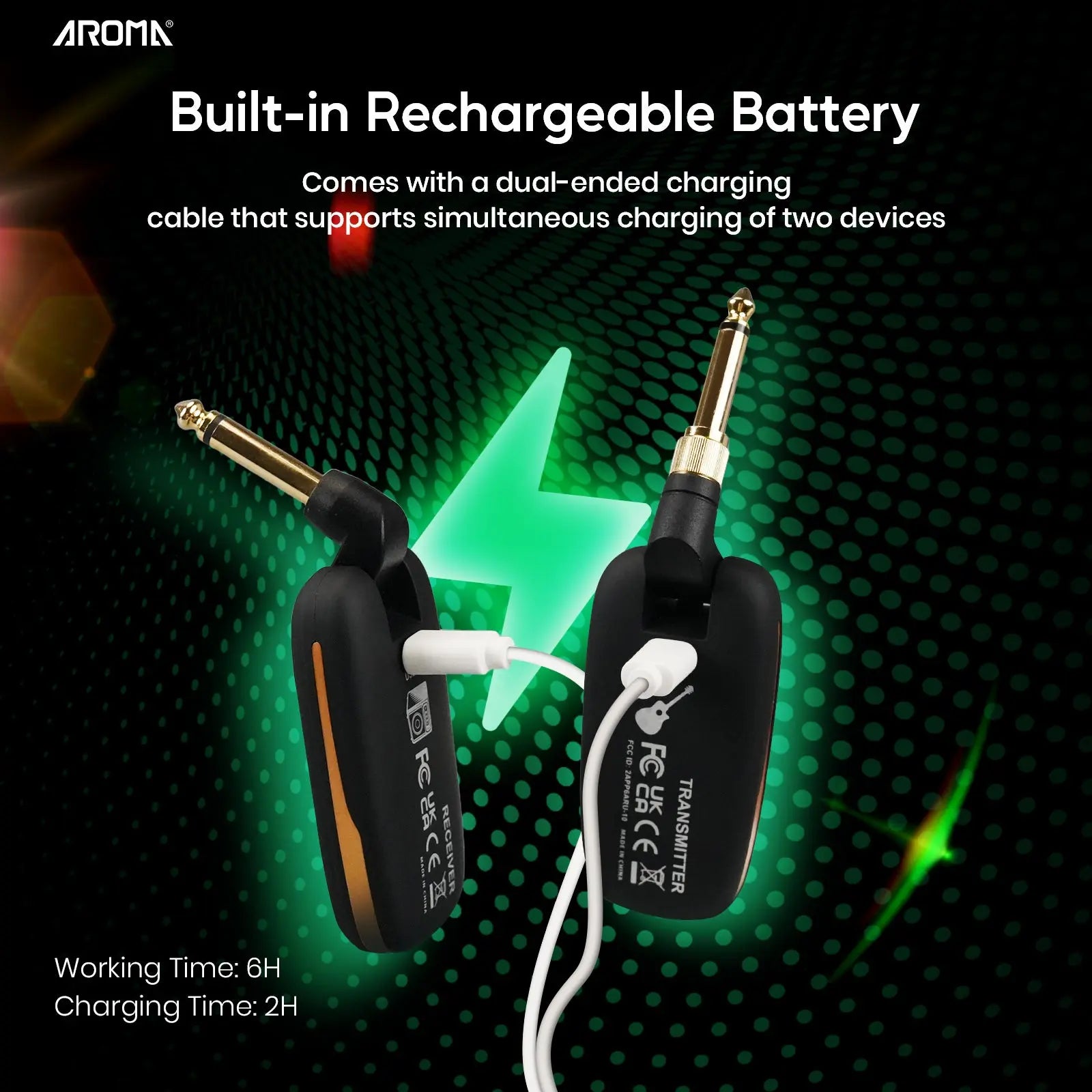 Aroma UHF Wireless Guitar System Rechargeable Audio Wireless Guitar Transmitter Receiver Support 7 Channels for Guitar Bass Electric Musical Instruments AROMA