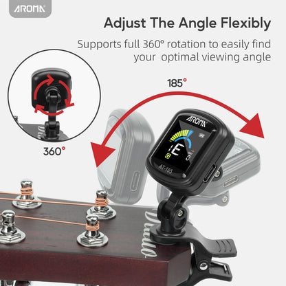 Aroma Guitar Tuner Clip On Rechargeable for Chromatic Guitar Bass Ukulele Violin Fast Accurate Tuning 360° Rotating Silicone Clamp