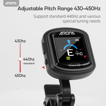 Aroma Guitar Tuner Clip On Rechargeable for Chromatic Guitar Bass Ukulele Violin Fast Accurate Tuning 360° Rotating Silicone Clamp