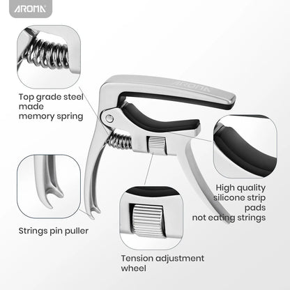 Aroma Professional Guitar Capo Trigger Tension Adjustable with Guitar Bridge Pin Puller for 6 Strings Acoustic and Electric Guitars AROMA