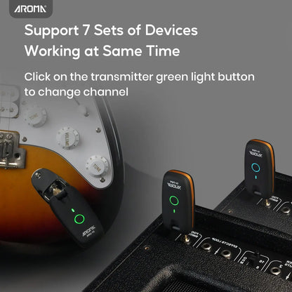 Aroma UHF Wireless Guitar System Rechargeable Audio Wireless Guitar Transmitter Receiver Support 7 Channels for Guitar Bass Electric Musical Instruments AROMA