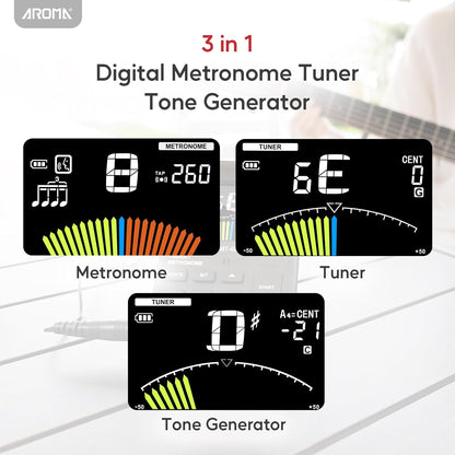 Aroma 3 In 1 Digital Metronome Tuner Rechargeable for All Instruments with Guitar Bass Violin Ukulele Chromatic and Wind Instruments Tuning Modes AROMA